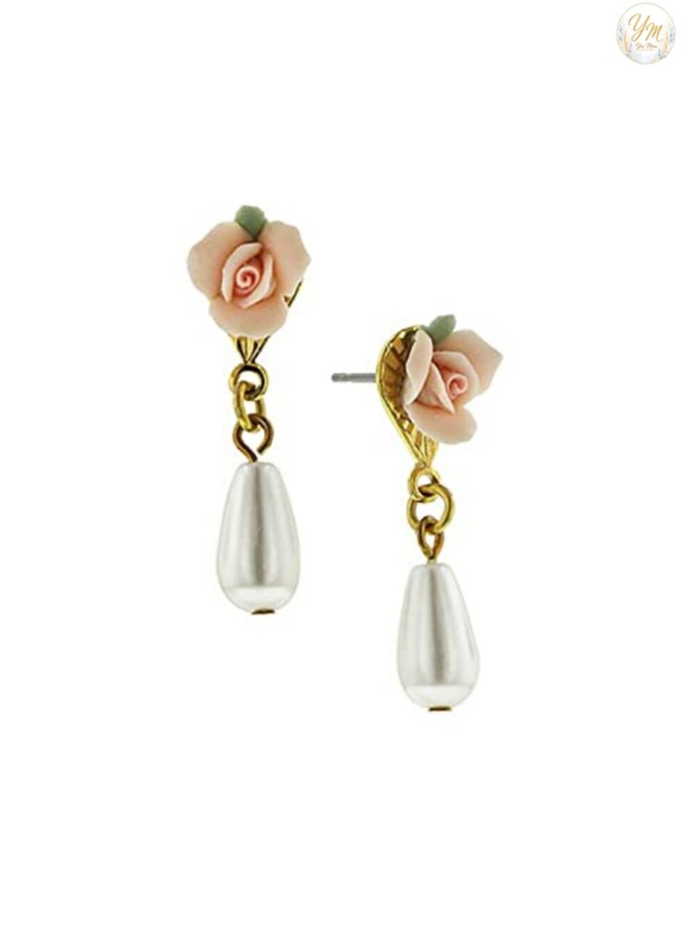 Porcelain Rose Faux Pearl Drop Earrings Surgical Steel Posts Vintage Style